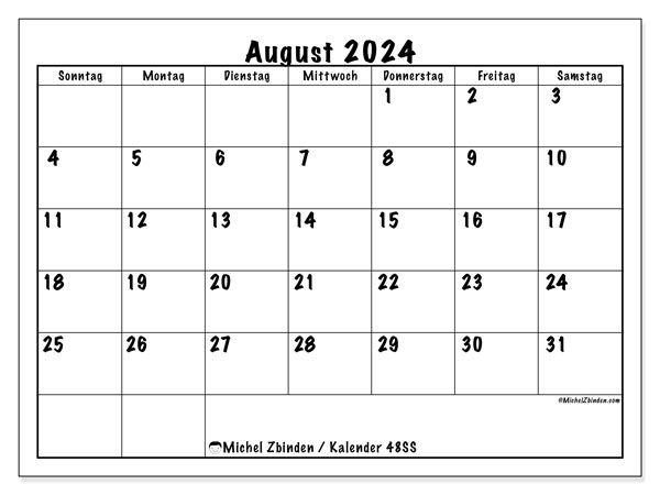 Kalender August 2024 “48”. Plan zum Ausdrucken kostenlos.. Sonntag bis Samstag