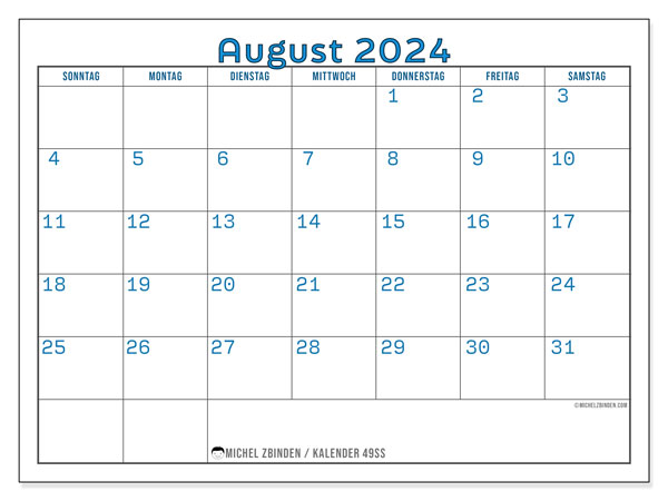 Kalender August 2024 “49”. Programm zum Ausdrucken kostenlos.. Sonntag bis Samstag