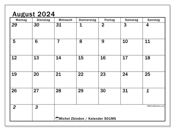 Kalender August 2024, 501MS. Plan zum Ausdrucken kostenlos.