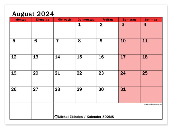 Kalender August 2024 “502”. Kalender zum Ausdrucken kostenlos.. Montag bis Sonntag