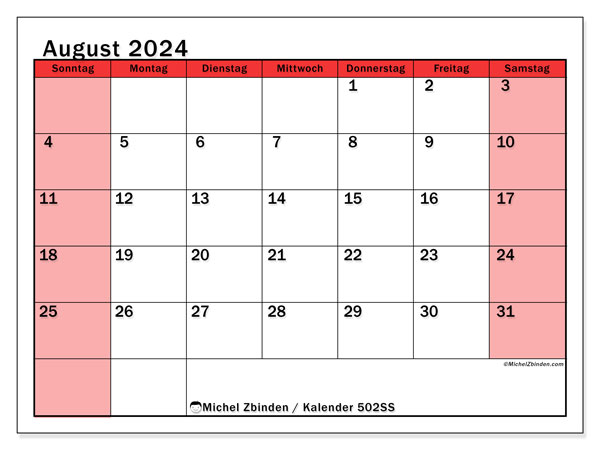 Kalender August 2024 “502”. Kalender zum Ausdrucken kostenlos.. Sonntag bis Samstag