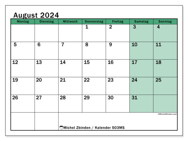 Kalender August 2024, 503SS. Plan zum Ausdrucken kostenlos.