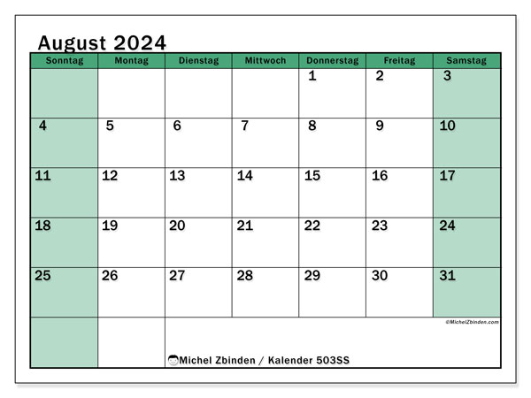 Kalender August 2024 “503”. Plan zum Ausdrucken kostenlos.. Sonntag bis Samstag