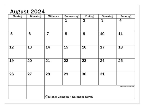 Kalender August 2024 “50”. Plan zum Ausdrucken kostenlos.. Montag bis Sonntag