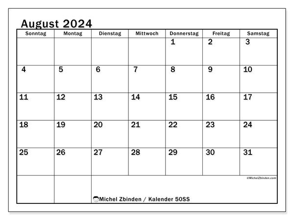 Kalender August 2024 “50”. Plan zum Ausdrucken kostenlos.. Sonntag bis Samstag