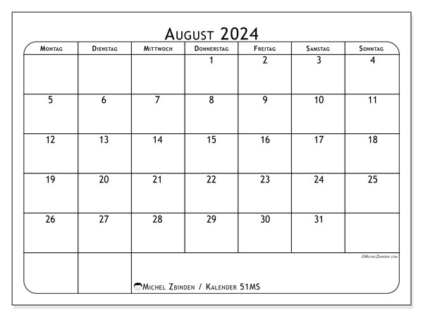 Kalender August 2024 “51”. Programm zum Ausdrucken kostenlos.. Montag bis Sonntag