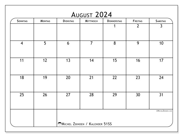 Kalender August 2024 “51”. Programm zum Ausdrucken kostenlos.. Sonntag bis Samstag