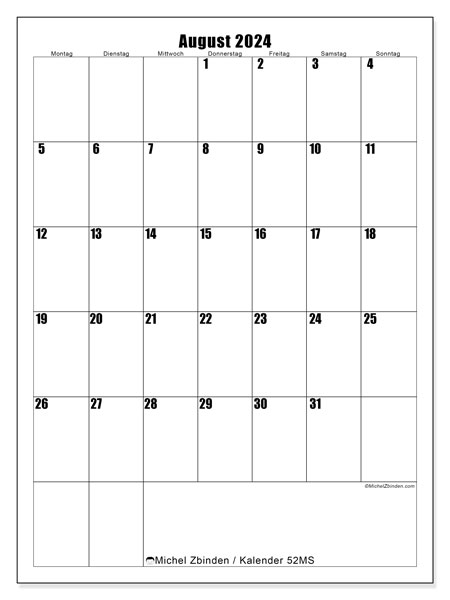 Kalender August 2024 “52”. Plan zum Ausdrucken kostenlos.. Montag bis Sonntag