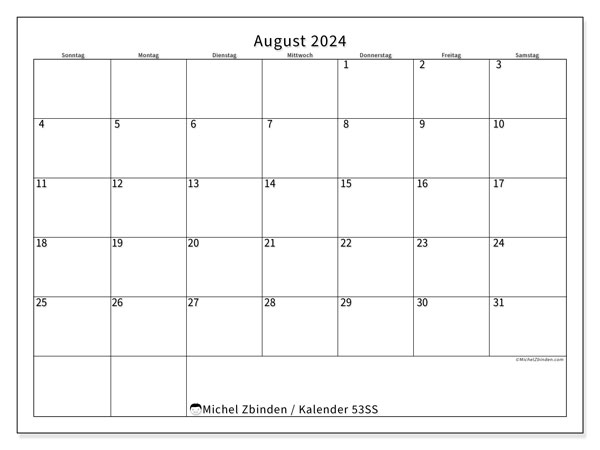 Kalender August 2024, 53SS. Plan zum Ausdrucken kostenlos.