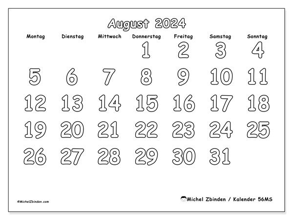 Kalender August 2024 “56”. Plan zum Ausdrucken kostenlos.. Montag bis Sonntag