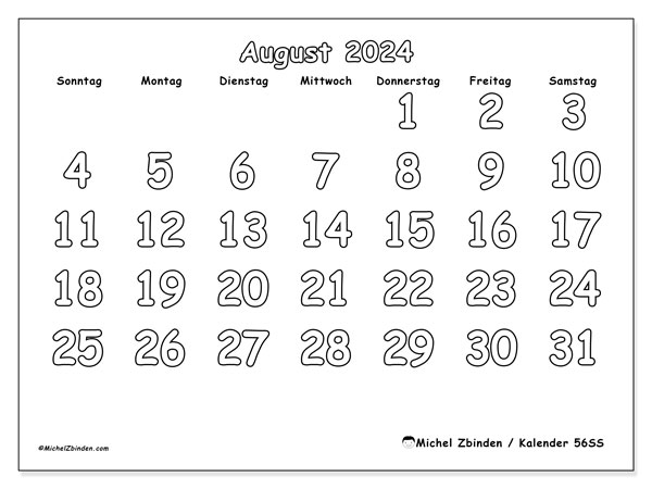 Kalender August 2024 “56”. Plan zum Ausdrucken kostenlos.. Sonntag bis Samstag