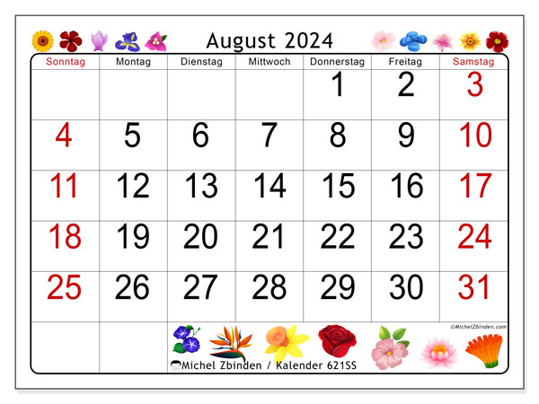 Kalender August 2024 “621”. Programm zum Ausdrucken kostenlos.. Sonntag bis Samstag