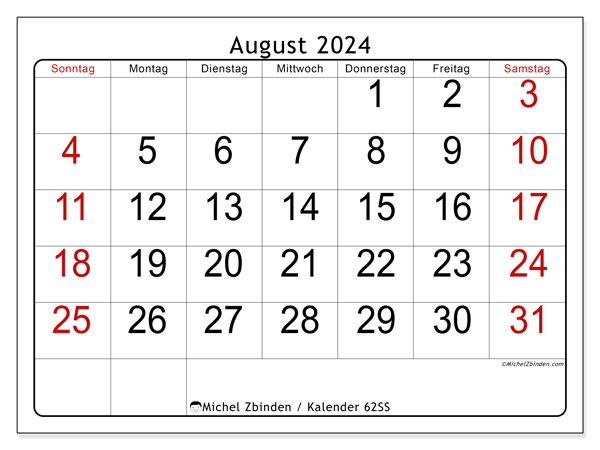 Kalender August 2024 “62”. Kalender zum Ausdrucken kostenlos.. Sonntag bis Samstag