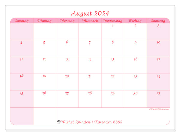 Kalender August 2024 “63”. Programm zum Ausdrucken kostenlos.. Sonntag bis Samstag
