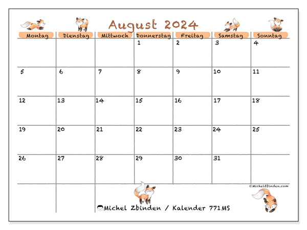 Kalender August 2024 “771”. Kalender zum Ausdrucken kostenlos.. 