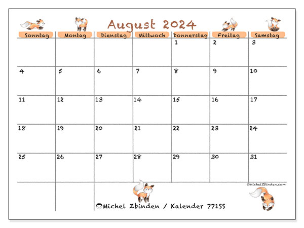 Kalender August 2024 “771”. Kalender zum Ausdrucken kostenlos.. Sonntag bis Samstag