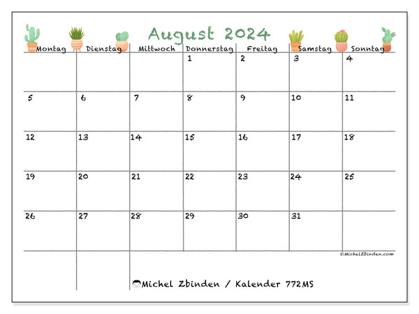 Kalender August 2024 “772”. Kalender zum Ausdrucken kostenlos.. Montag bis Sonntag