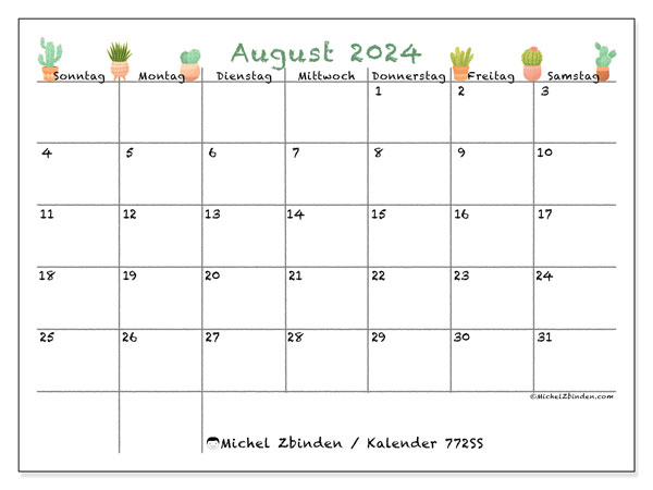 Kalender August 2024 “772”. Kalender zum Ausdrucken kostenlos.. Sonntag bis Samstag