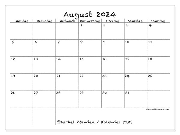 Kalender August 2024 “77”. Plan zum Ausdrucken kostenlos.. Montag bis Sonntag