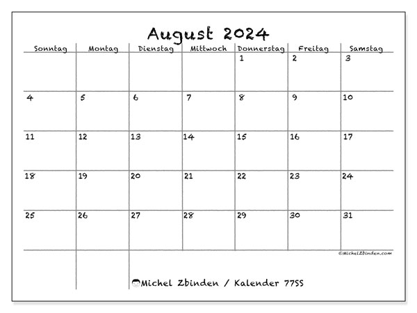 Kalender August 2024 “77”. Plan zum Ausdrucken kostenlos.. Sonntag bis Samstag