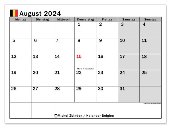 Kalender August 2024 “Belgien”. Plan zum Ausdrucken kostenlos.. Montag bis Sonntag