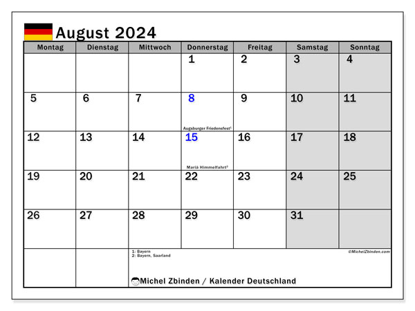 Calendario agosto 2024, Germania (DE). Calendario da stampare gratuito.