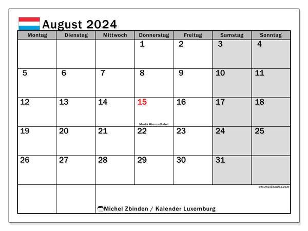 Calendario agosto 2024, Lussemburgo (DE). Calendario da stampare gratuito.
