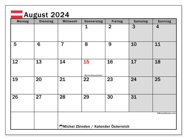 Kalender August 2024 “Österreich”. Kalender zum Ausdrucken kostenlos.. Montag bis Sonntag