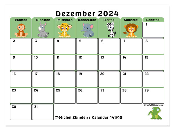 Kalender Dezember 2024 “441”. Programm zum Ausdrucken kostenlos.. Montag bis Sonntag