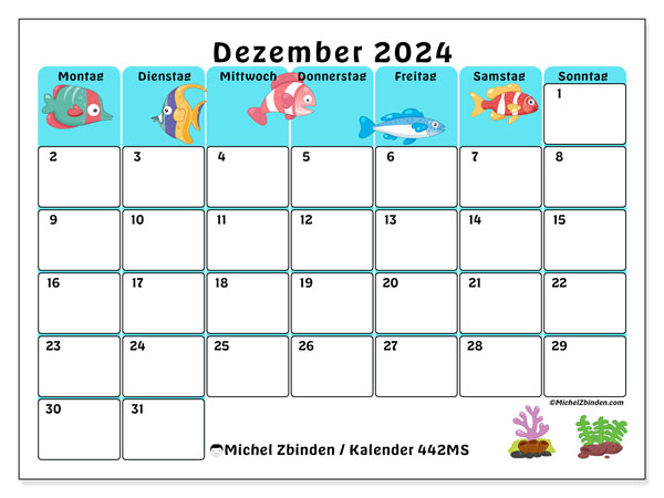 Kalender Dezember 2024 “442”. Programm zum Ausdrucken kostenlos.. Montag bis Sonntag