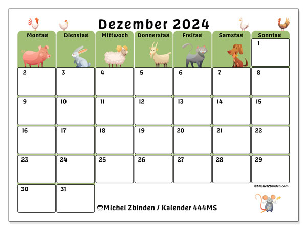 Kalender Dezember 2024 “444”. Plan zum Ausdrucken kostenlos.. Montag bis Sonntag