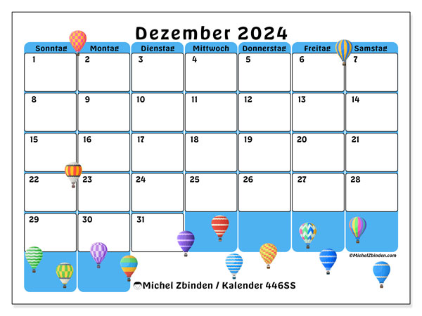 Kalender Dezember 2024 “446”. Kalender zum Ausdrucken kostenlos.. Sonntag bis Samstag