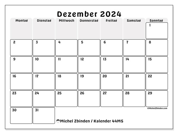 Kalender Dezember 2024 “44”. Plan zum Ausdrucken kostenlos.. Montag bis Sonntag