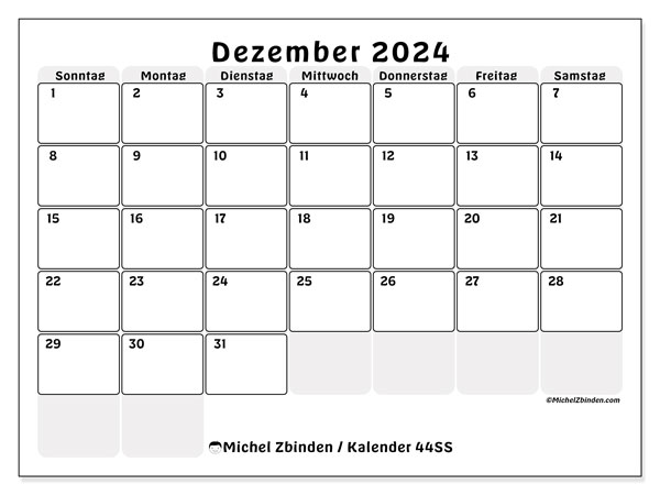 Kalender Dezember 2024 “44”. Plan zum Ausdrucken kostenlos.. Sonntag bis Samstag