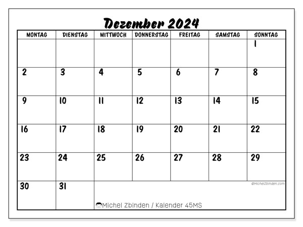 Kalender Dezember 2024, 45SS. Programm zum Ausdrucken kostenlos.