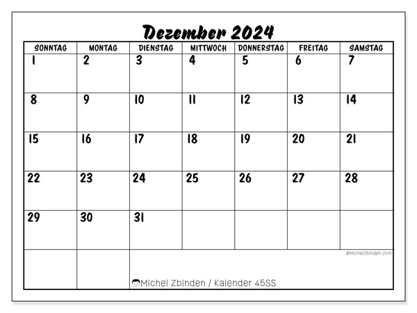 Kalender Dezember 2024 “45”. Kalender zum Ausdrucken kostenlos.. Sonntag bis Samstag