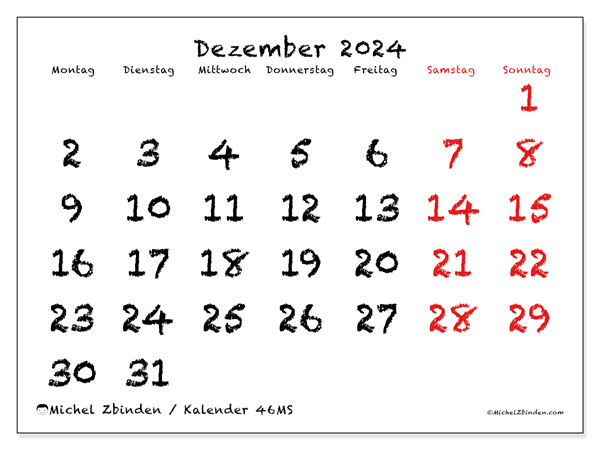 Kalender Dezember 2024 “46”. Kalender zum Ausdrucken kostenlos.. Montag bis Sonntag