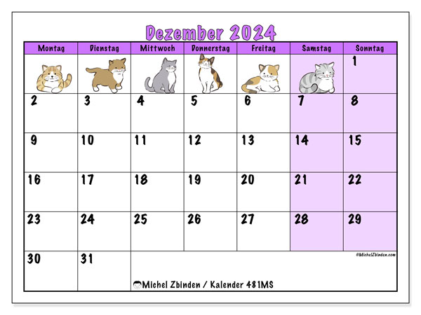 Kalender Dezember 2024 “481”. Kalender zum Ausdrucken kostenlos.. Montag bis Sonntag