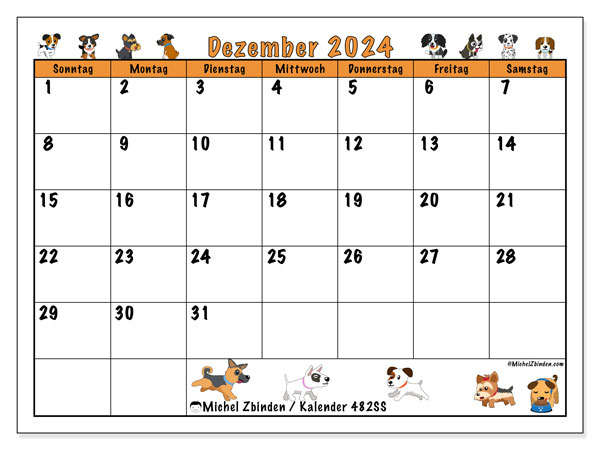 Kalender Dezember 2024 “482”. Kalender zum Ausdrucken kostenlos.. Sonntag bis Samstag