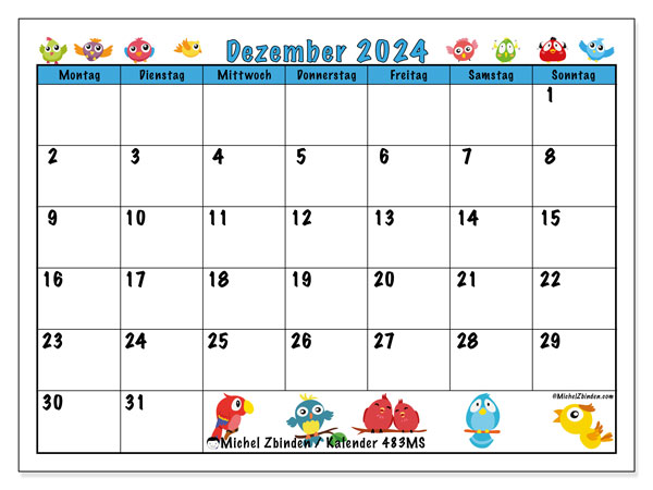 Kalender Dezember 2024 “483”. Kalender zum Ausdrucken kostenlos.. Montag bis Sonntag
