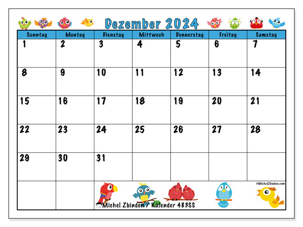 Kalender Dezember 2024, 483SS. Programm zum Ausdrucken kostenlos.