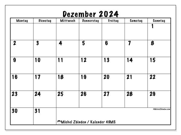 Kalender Dezember 2024 “48”. Kalender zum Ausdrucken kostenlos.. Montag bis Sonntag
