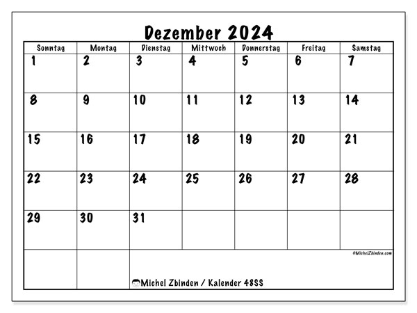 Kalender Dezember 2024 “48”. Kalender zum Ausdrucken kostenlos.. Sonntag bis Samstag