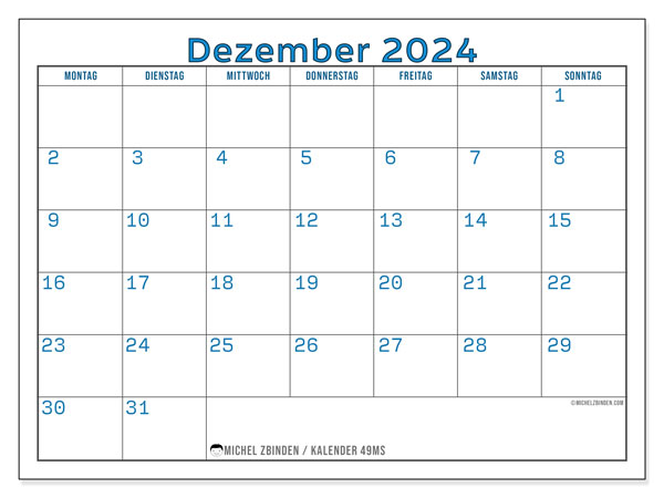 Kalender Dezember 2024 “49”. Plan zum Ausdrucken kostenlos.. Montag bis Sonntag