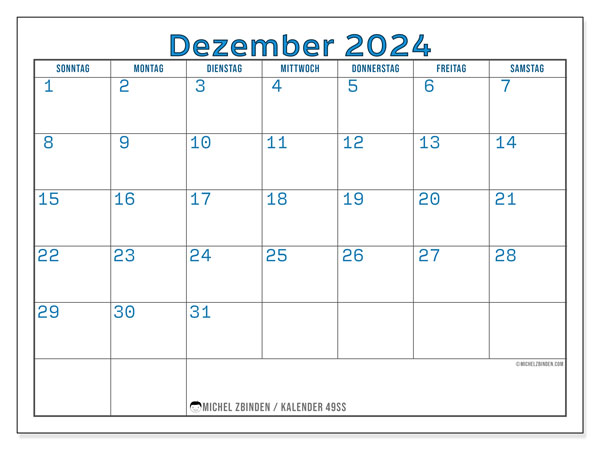 Kalender Dezember 2024 “49”. Plan zum Ausdrucken kostenlos.. Sonntag bis Samstag