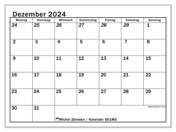 Kalender Dezember 2024 “501”. Plan zum Ausdrucken kostenlos.. Montag bis Sonntag