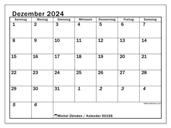 Kalender Dezember 2024 “501”. Plan zum Ausdrucken kostenlos.. Sonntag bis Samstag
