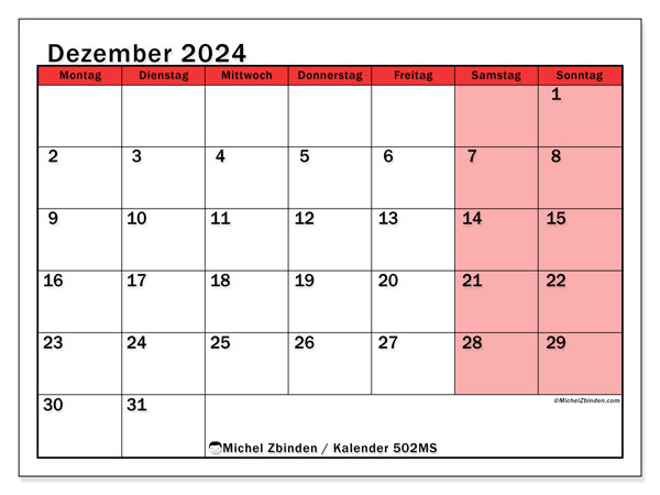 Kalender Dezember 2024 “502”. Kalender zum Ausdrucken kostenlos.. Montag bis Sonntag