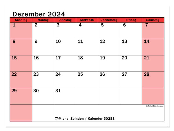 Kalender Dezember 2024 “502”. Kalender zum Ausdrucken kostenlos.. Sonntag bis Samstag