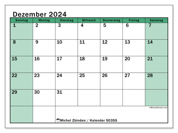 Kalender Dezember 2024 “503”. Programm zum Ausdrucken kostenlos.. Sonntag bis Samstag